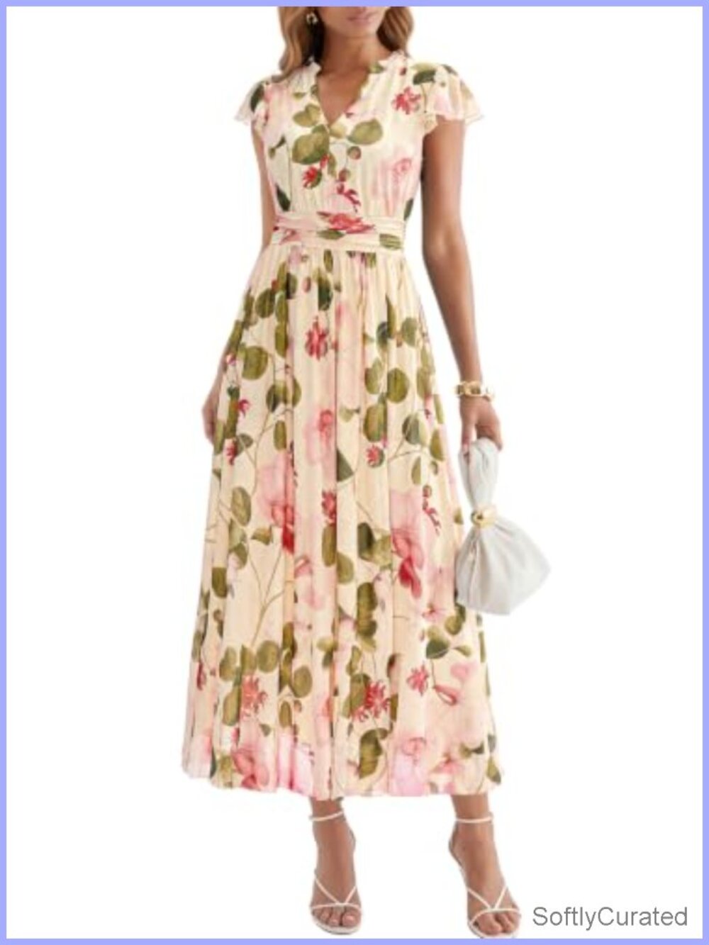 Flutter Sleeve V-Neck Floral Mesh Maxi Dress - Flowy Beach Vacation